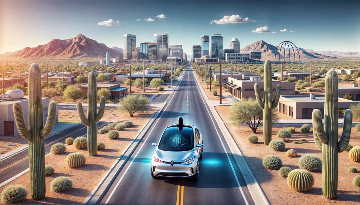 A self-driving car traveling down a desert road lined with cacti, heading towards a skyline of modern buildings and scenic mountain peaks.