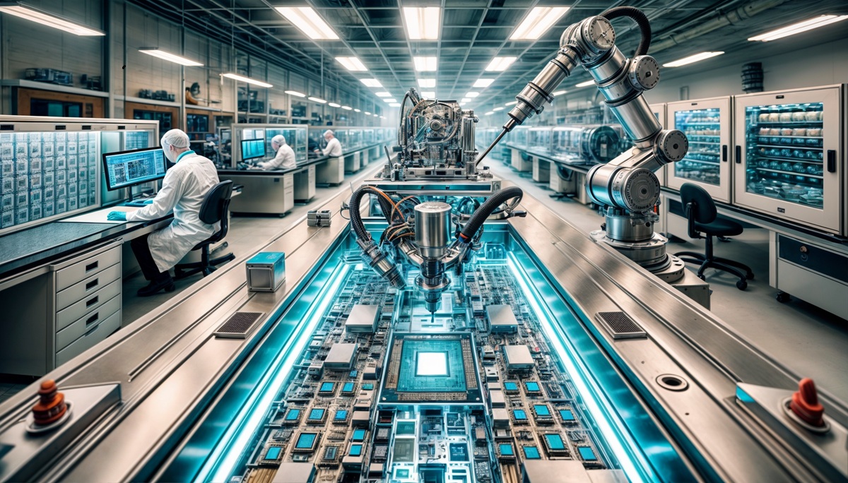 A semiconductor assembly line with robotic equipment, illuminated chips, and scientists in lab coats working on detailed computer systems in a clean, modern facility.