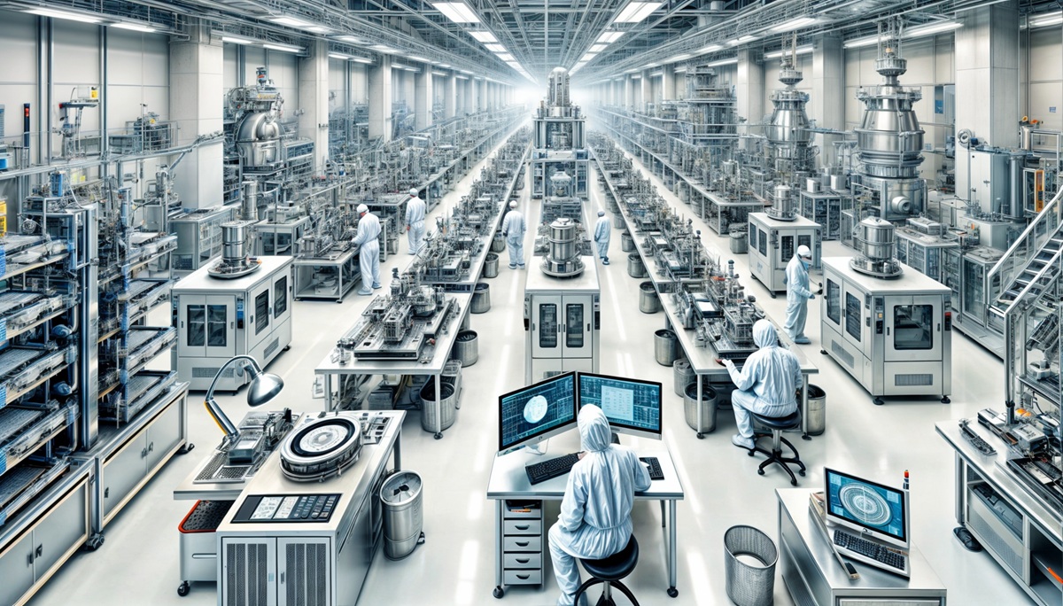 A high-tech semiconductor fabrication facility with rows of advanced machinery and workers in cleanroom suits managing production processes.