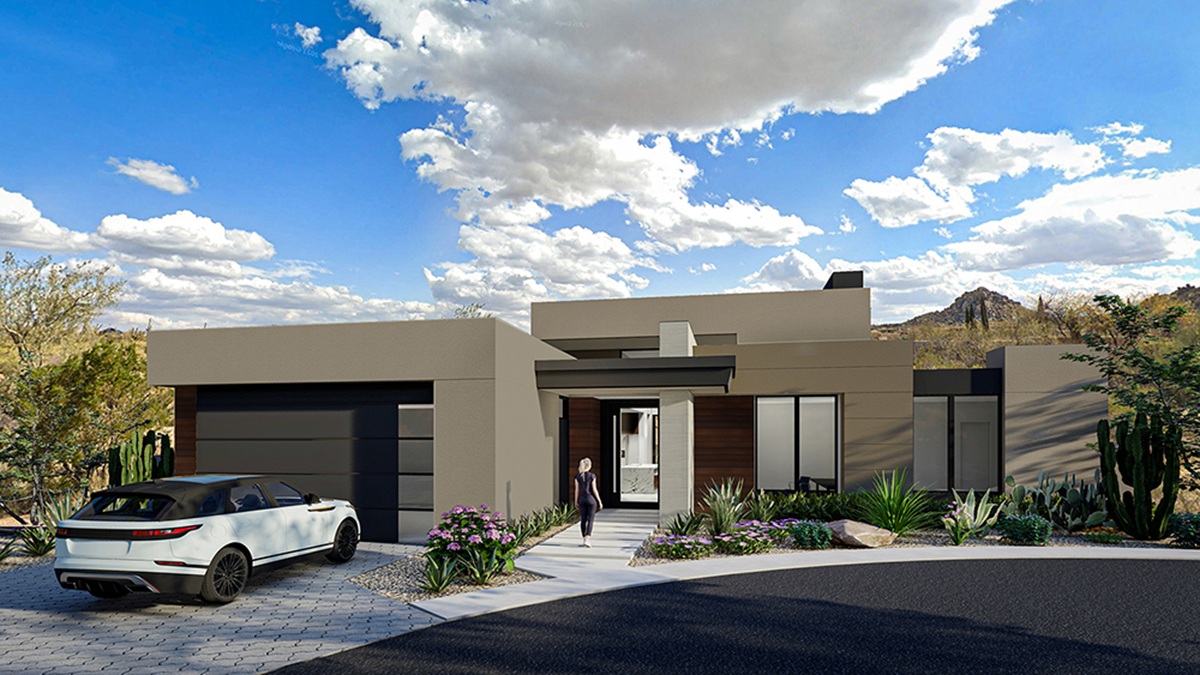 A contemporary exterior rendering of a Serene home featuring flat roofs, clean lines, a glass garage door, desert landscaping, and mountain views.