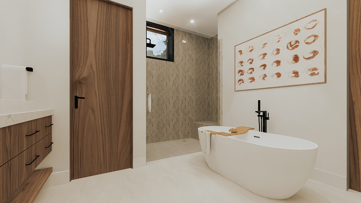 A luxurious bathroom rendering at Serene highlighting a freestanding tub, custom wood cabinetry, modern fixtures, and a spacious walk-in shower.