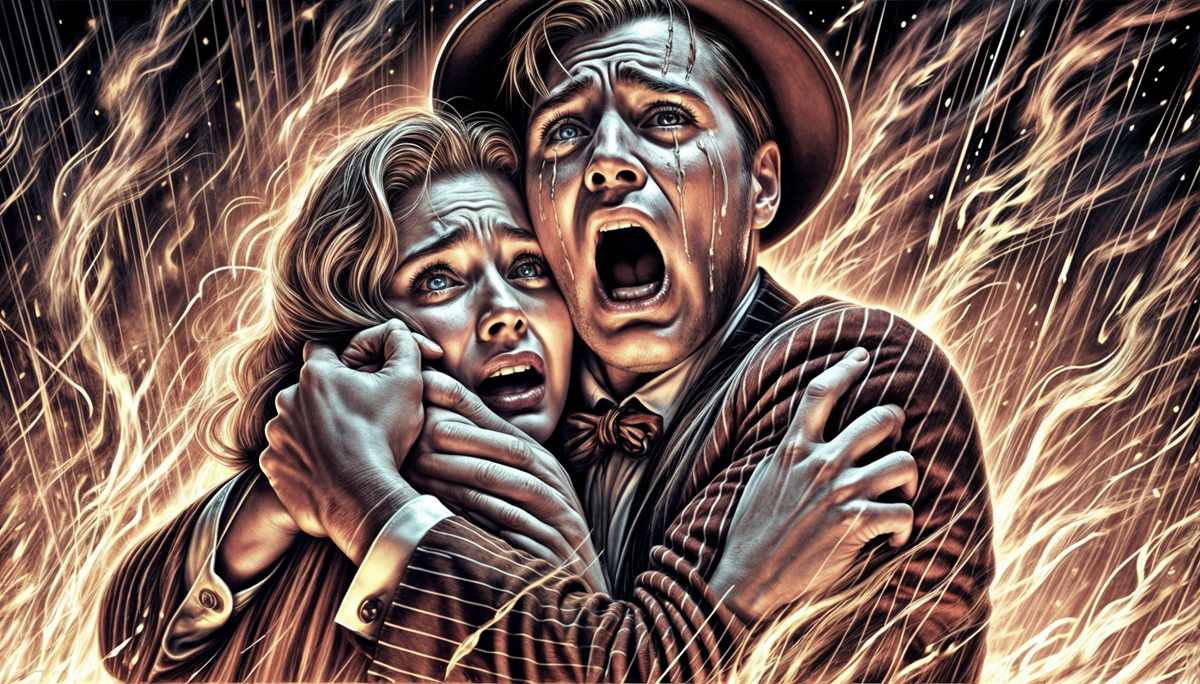 A terrified couple holding each other amidst fiery chaos, their expressions frozen in shock and fear as flames consume the surroundings.