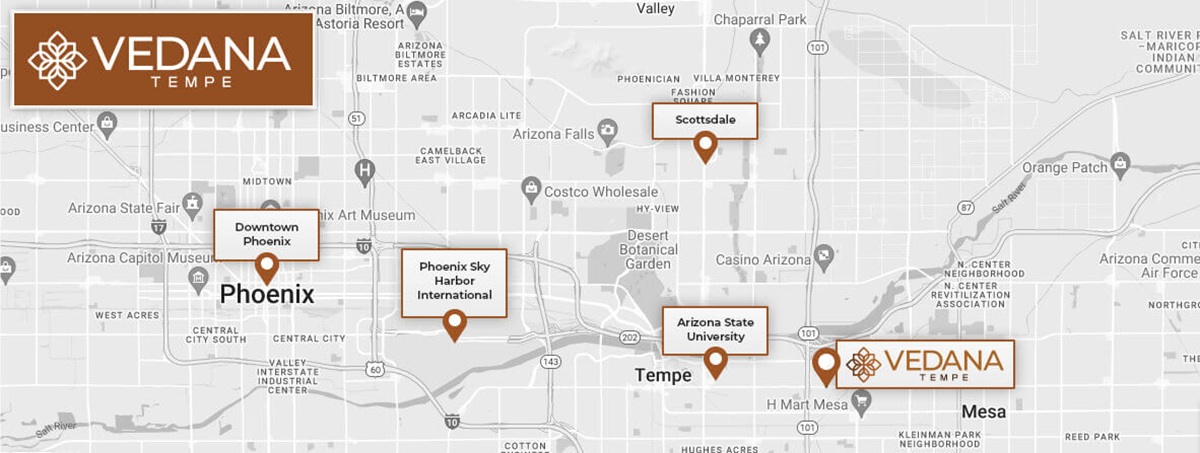 Location map for Vedana townhomes in Tempe, Arizona.