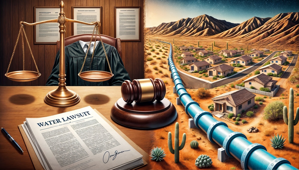 On the left, a judge’s gavel and legal documents; on the right, a desert landscape with a water pipeline leading to suburban homes.