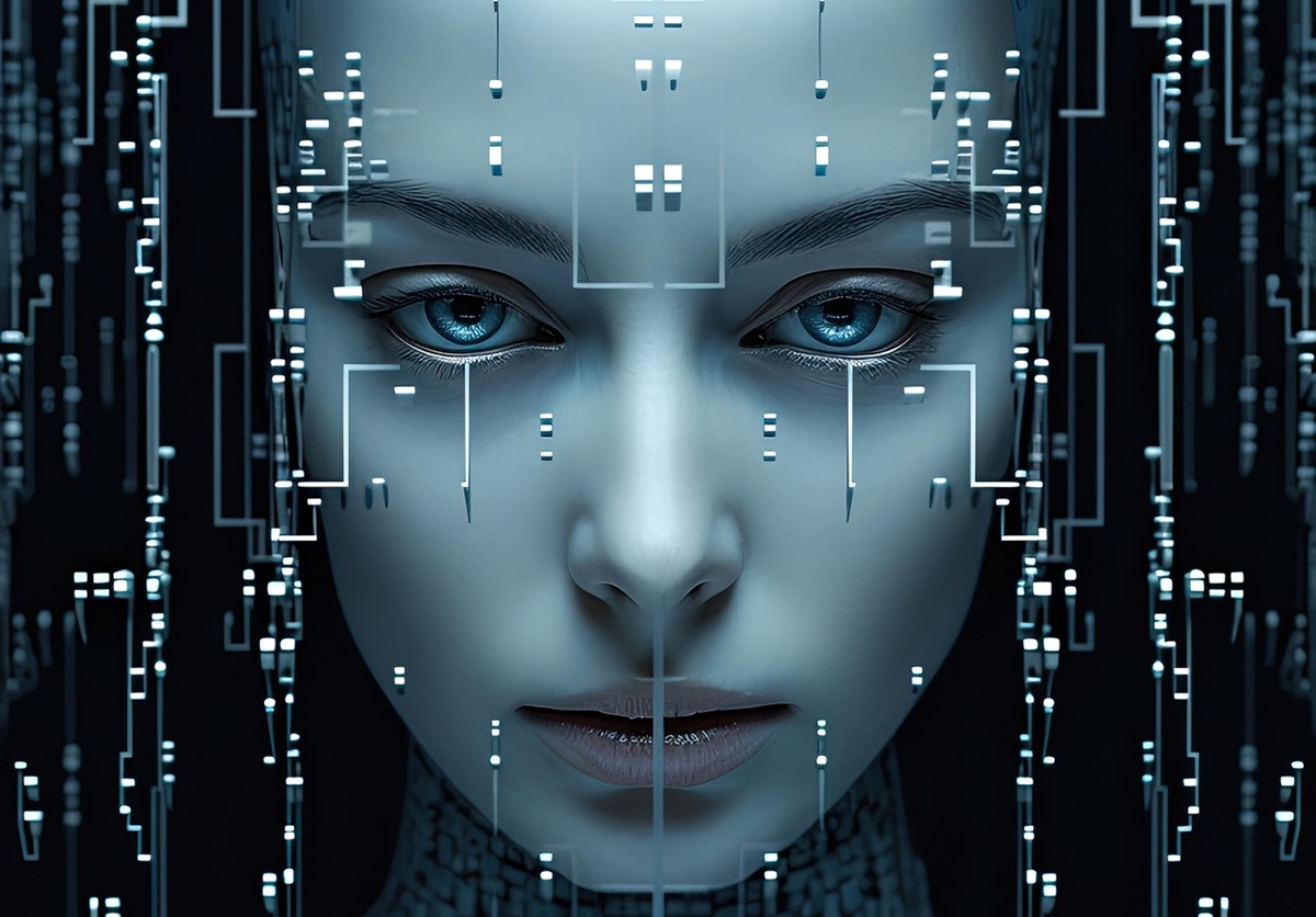 Futuristic AI face with glowing blue eyes and digital circuits.