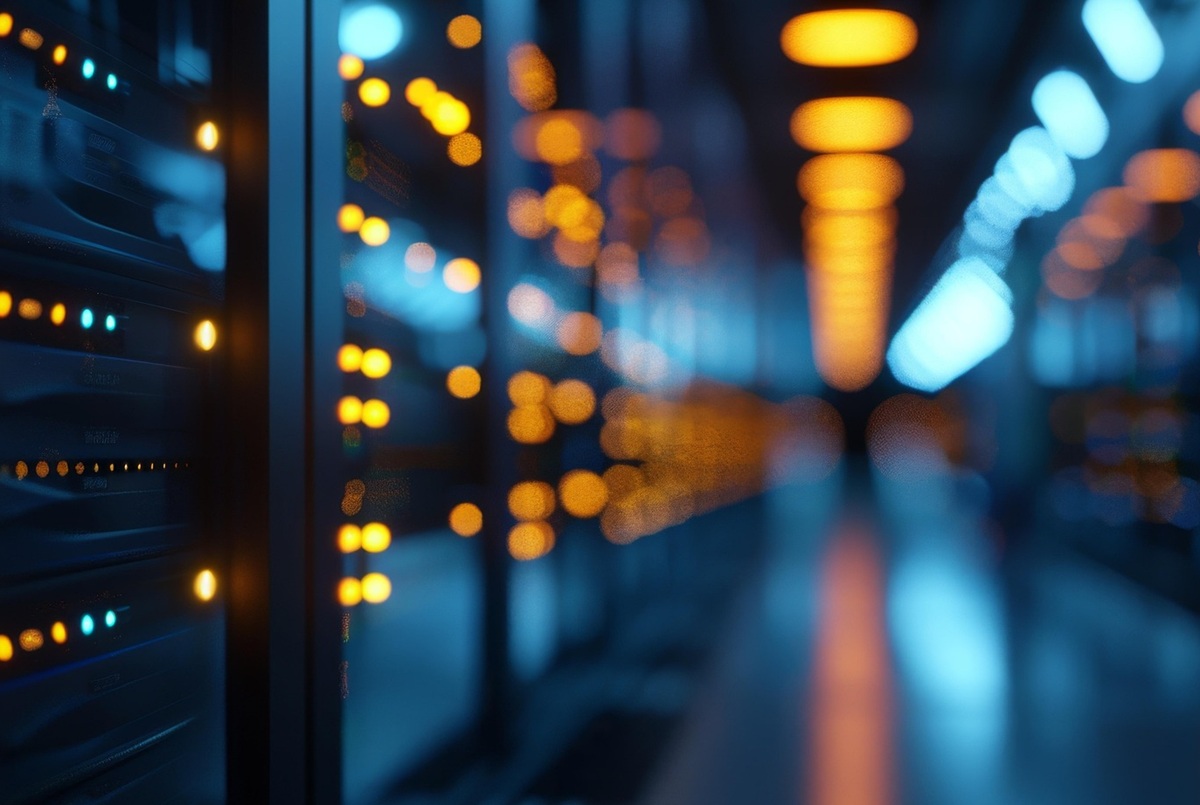 Blurred server room with glowing blue and orange lights.