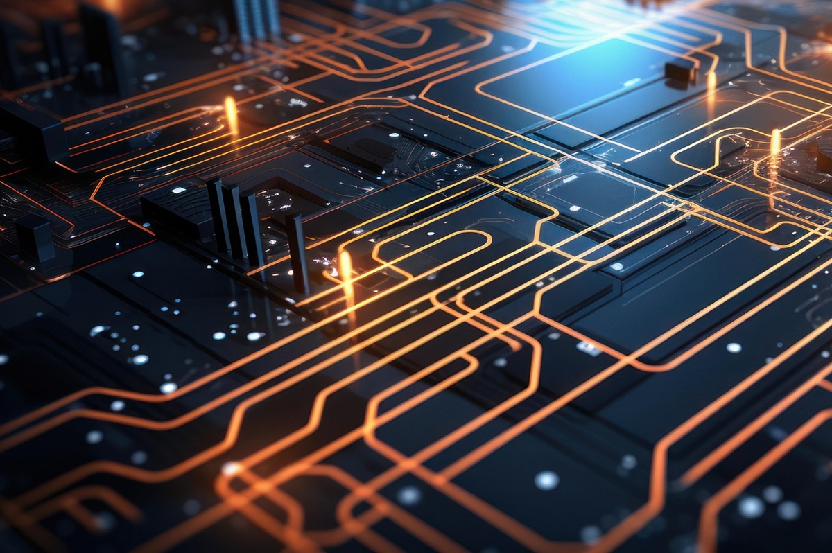 Close-up of a futuristic circuit board with glowing orange lines.
