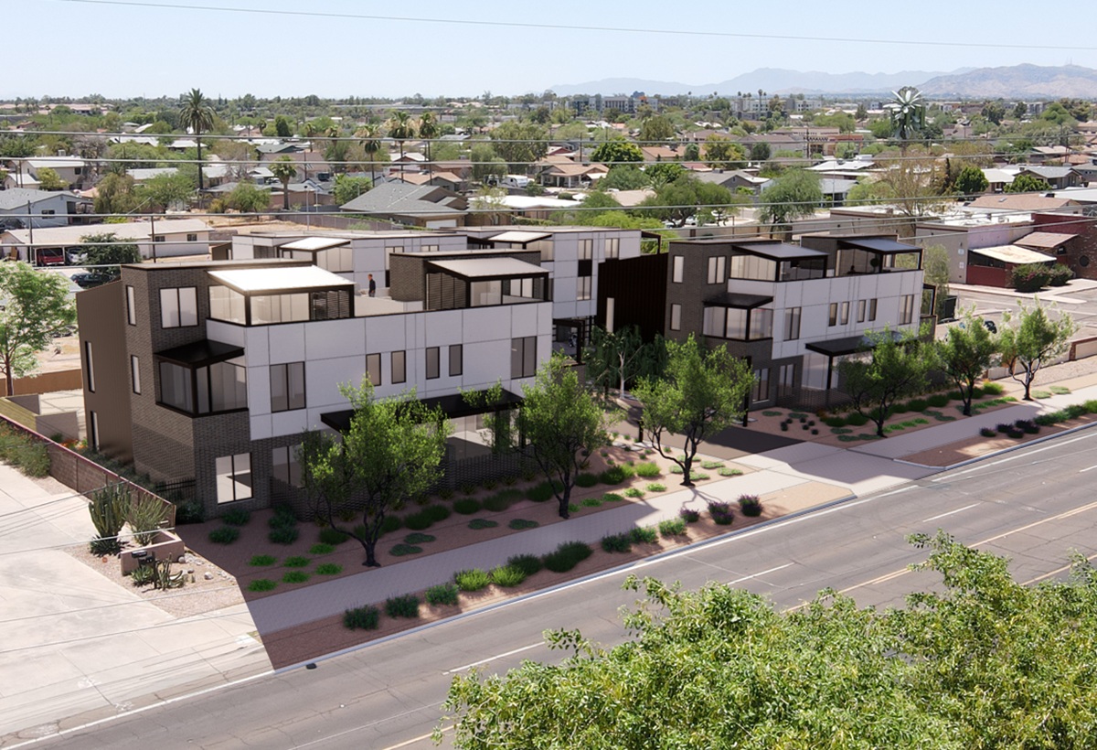 Rendering of Vedana Townhomes in Tempe, Arizona seen from above.