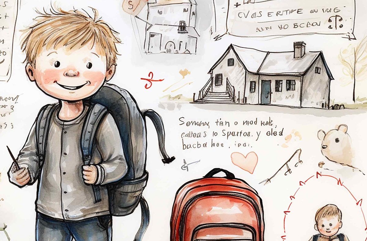 A smiling boy in casual clothes with a backpack, alongside doodles of a house, people, and a red backpack.