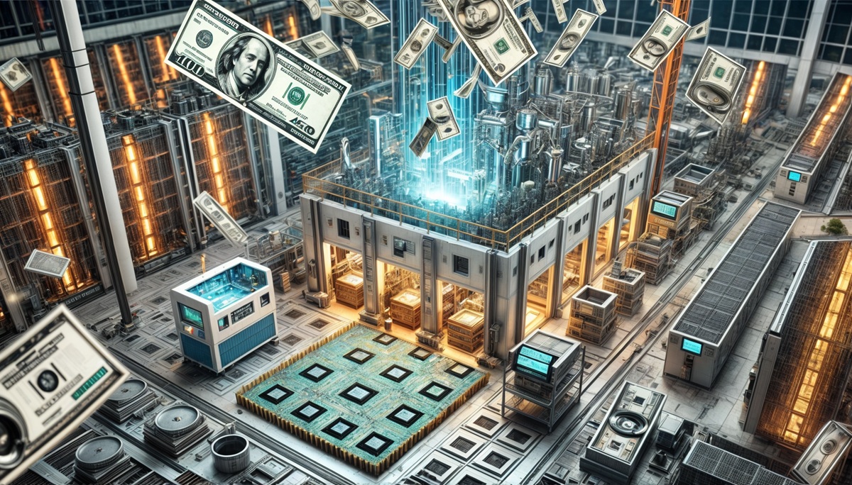 Semiconductor fabrication plant with cash falling onto the factory floor, symbolizing massive financial investment.