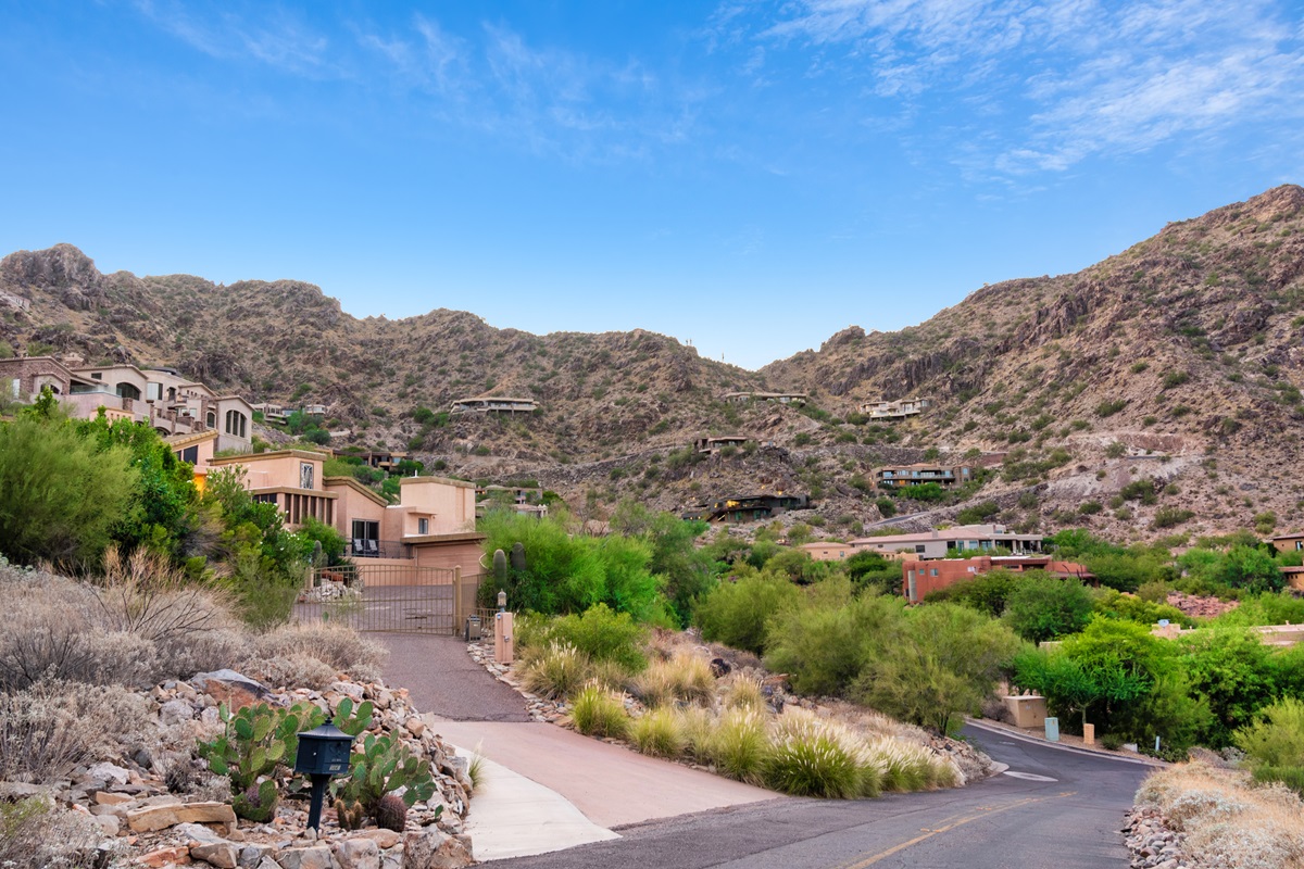 Desert hillside dotted with custom homes, cacti, and winding roads, set under clear skies in Paradise Valley, Arizona.
