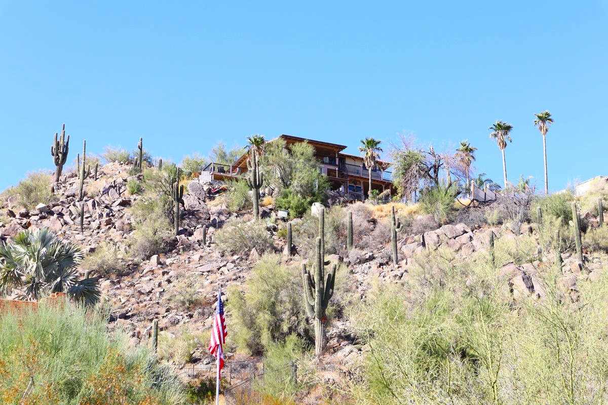 Paradise Valley hillside home surrounded by desert vegetation and tall cacti.