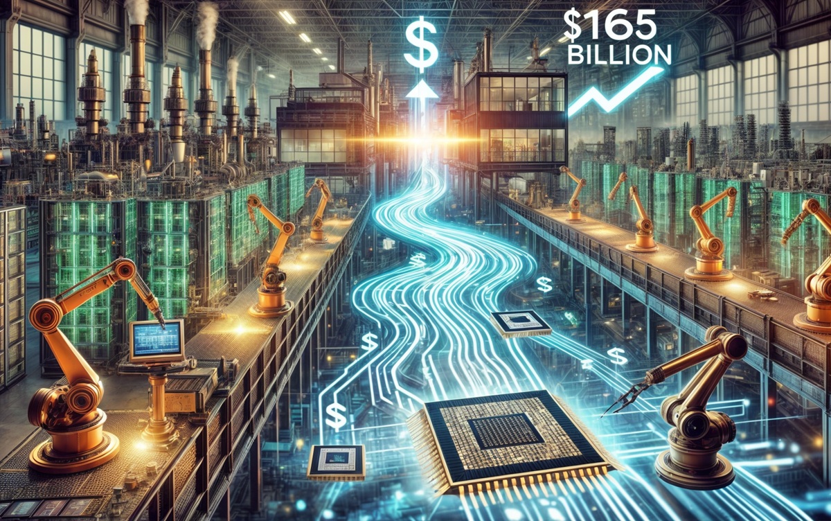 A high-tech chip manufacturing facility with robotic arms assembling microchips, while glowing financial streams represent billions in investment.