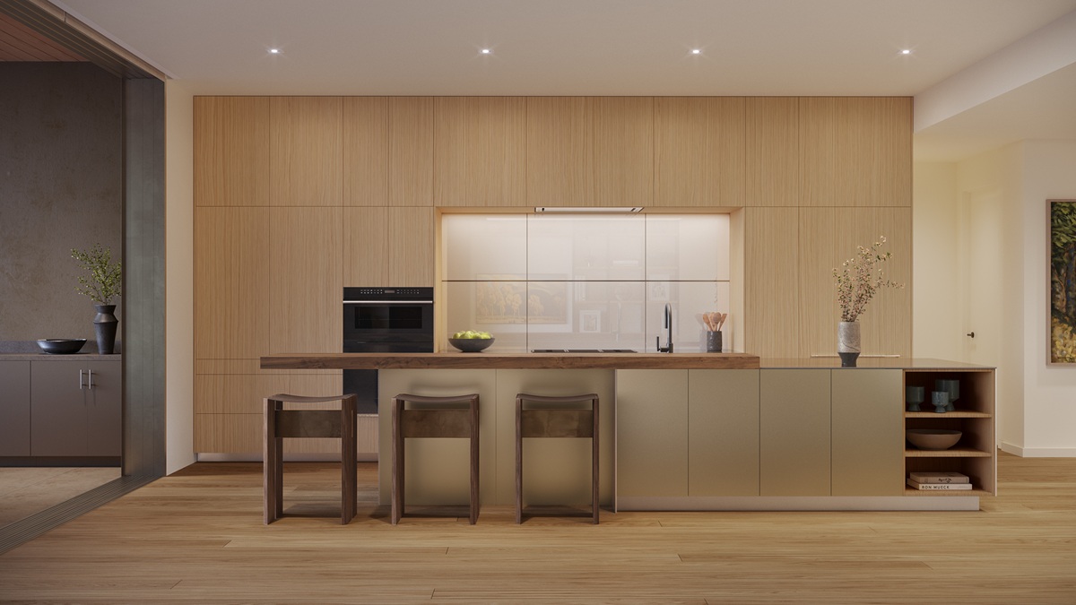 A rendering of a kitchen at Summit by Olsen Kundig.