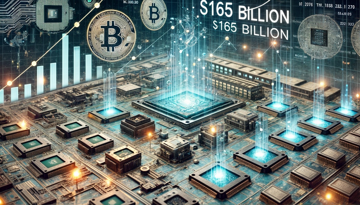 A close-up of semiconductor chips with glowing data streams, financial graphs, and "$165 billion" prominently displayed.