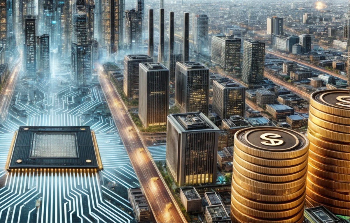 A futuristic cityscape with towering fabs, digital highways made of circuits, and stacks of gold coins symbolizing financial expansion.