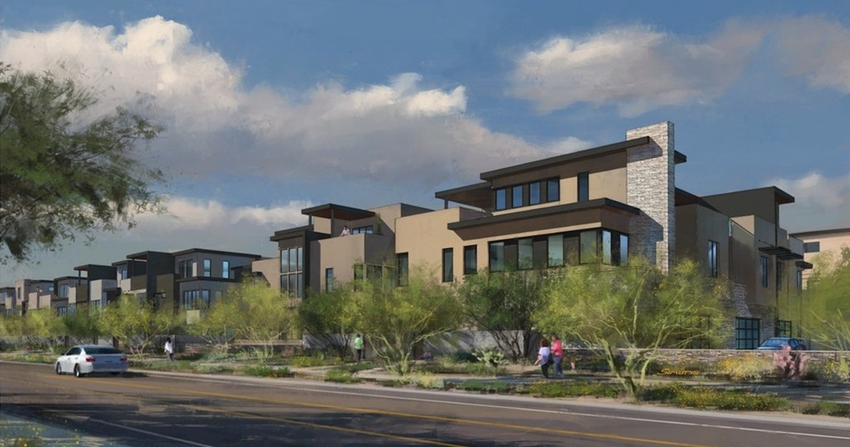 A rendering of the townhomes at Toll at Cavasson.