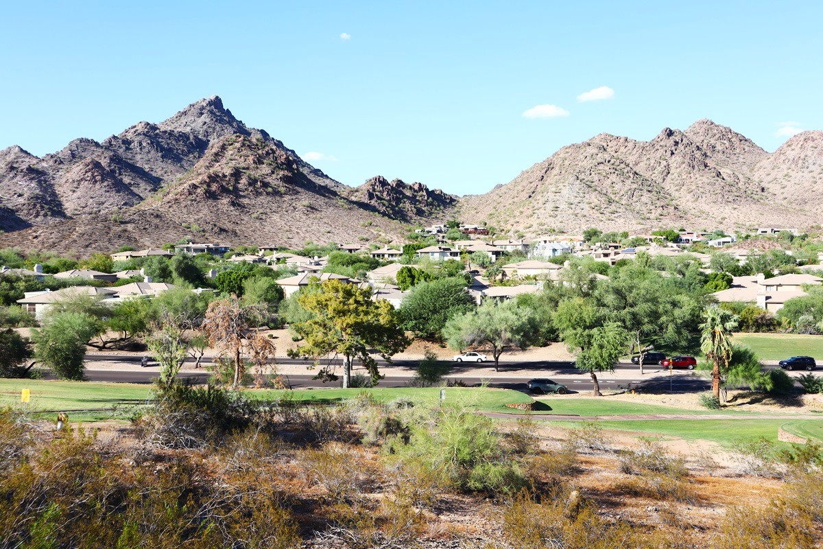 A view of upscale homes in Paradise Valley, Arizona, tucked below the rugged slopes of the Phoenix Mountains.
