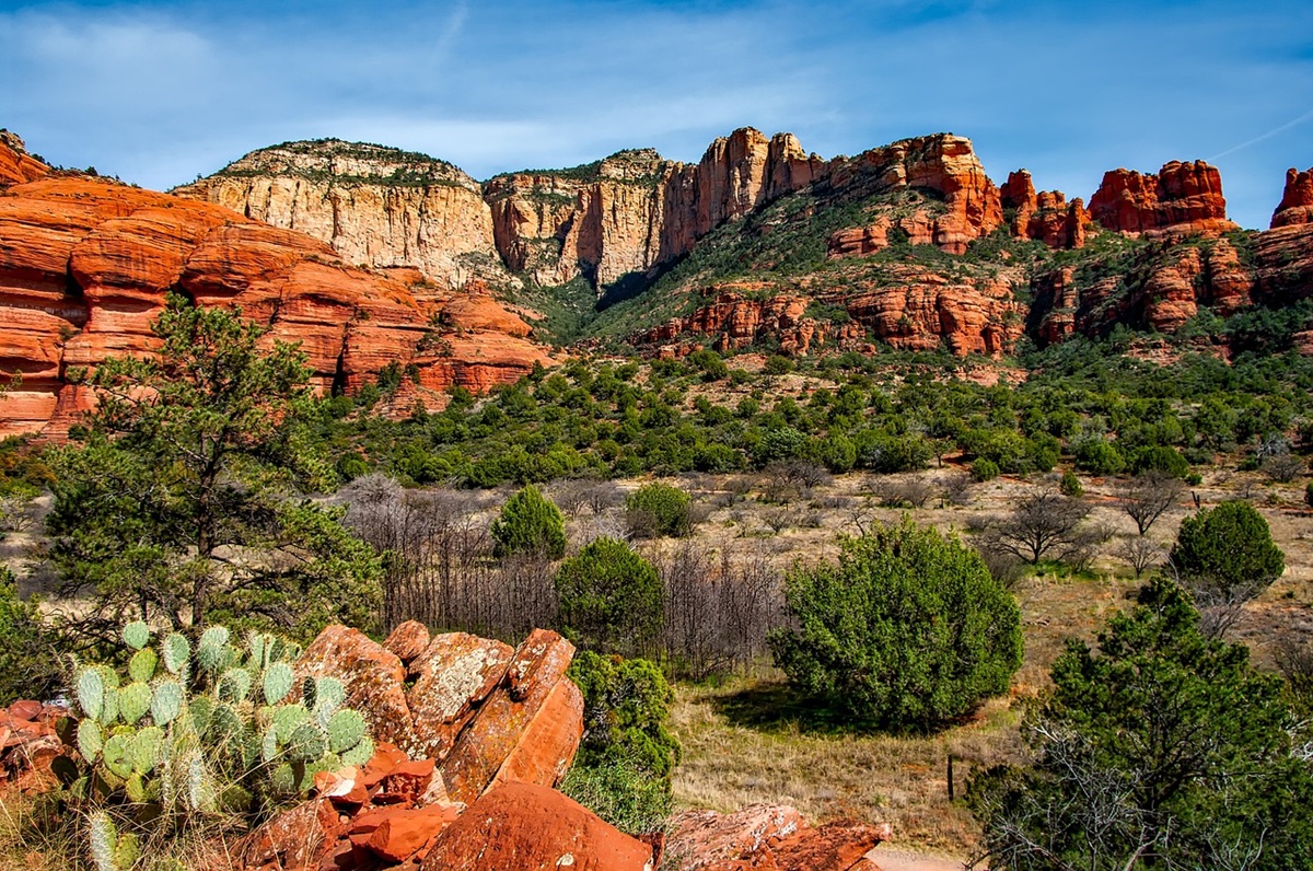 Red rock cliffs and desert vegetation in Sedona, Arizona.