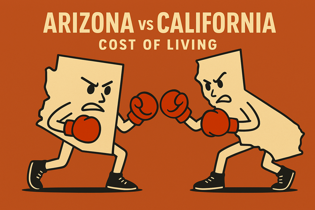 Arizona and California face off in boxing gloves with serious expressions, ready to fight. Text above reads “Arizona vs California – Cost of Living” on a burnt orange background.