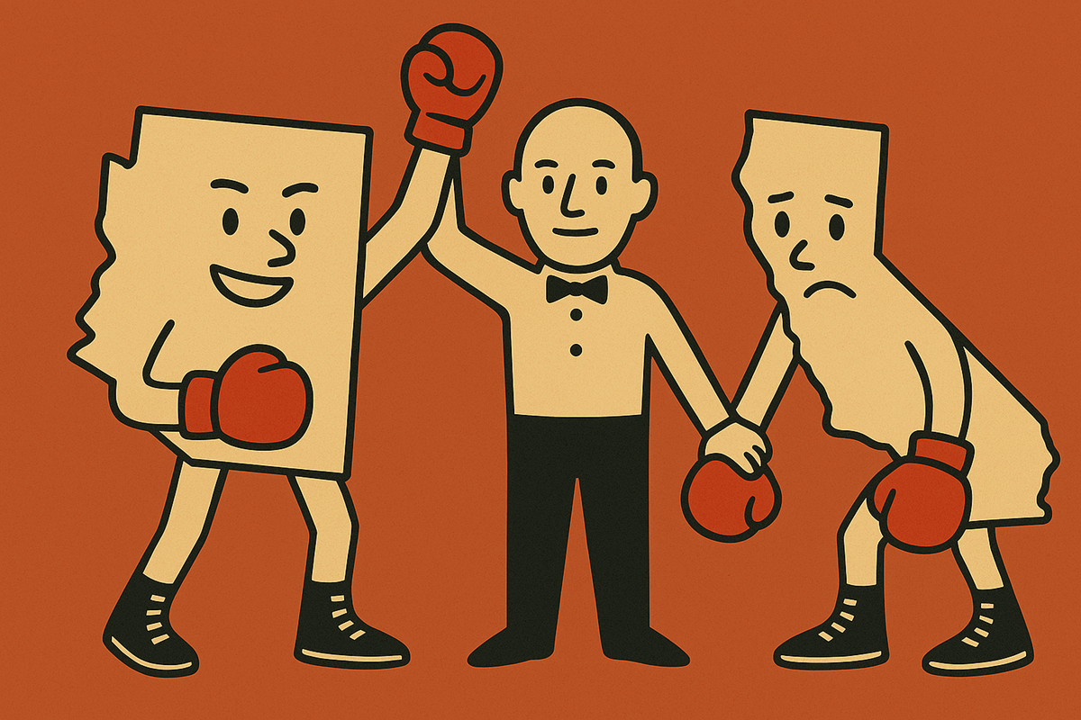 Arizona cartoon stands victorious with a smile as the referee raises its glove. California looks defeated with a frown. All three characters stand on a burnt orange backdrop.