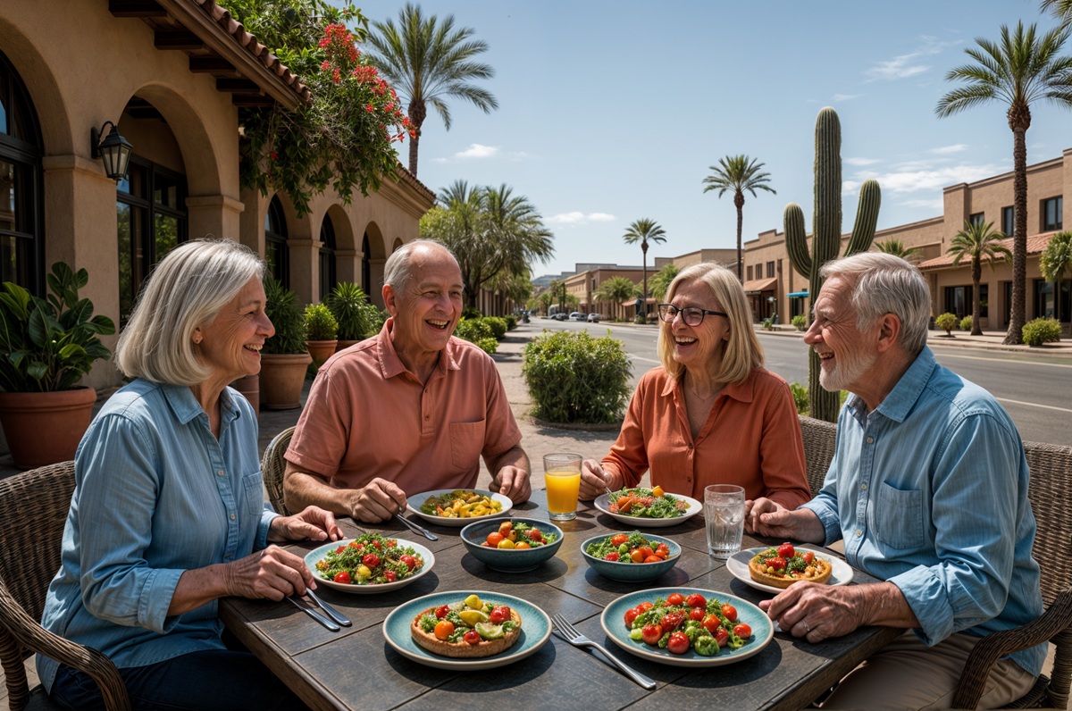 Four older adults enjoying a vibrant meal together at an outdoor restaurant on a sunny day in a desert town setting with palm trees and cacti.