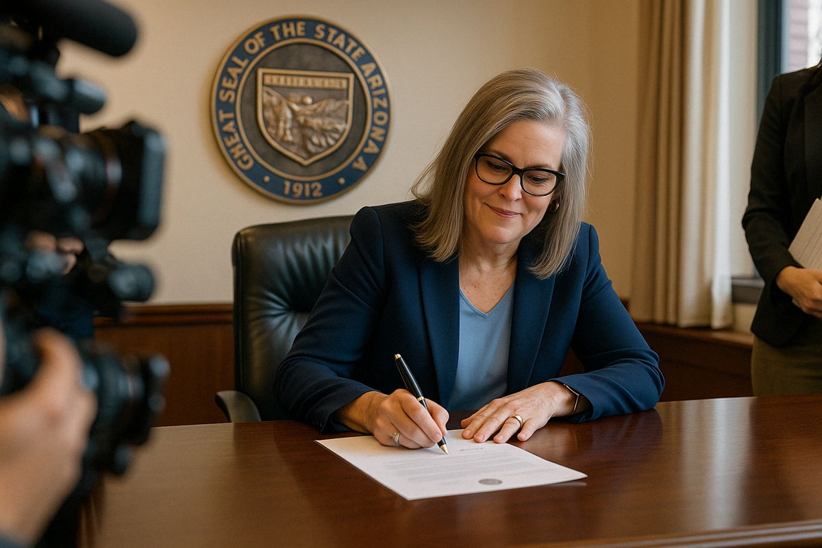Rendering of Katie Hobbs sign a bill.