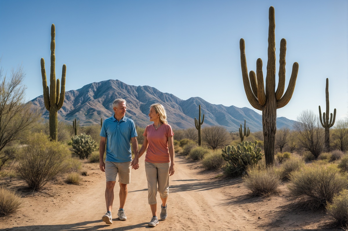 A retired couple walking hand in hand on a desert trail lined with cacti, with mountains in the background.