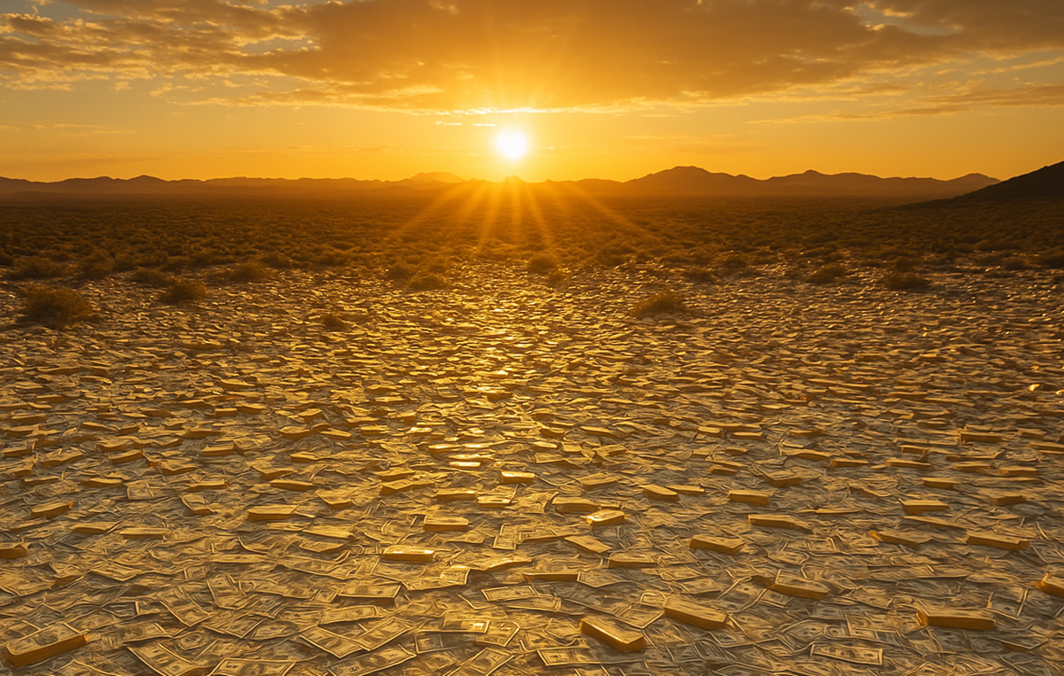 A bunch of money spread across the desert at sunset.