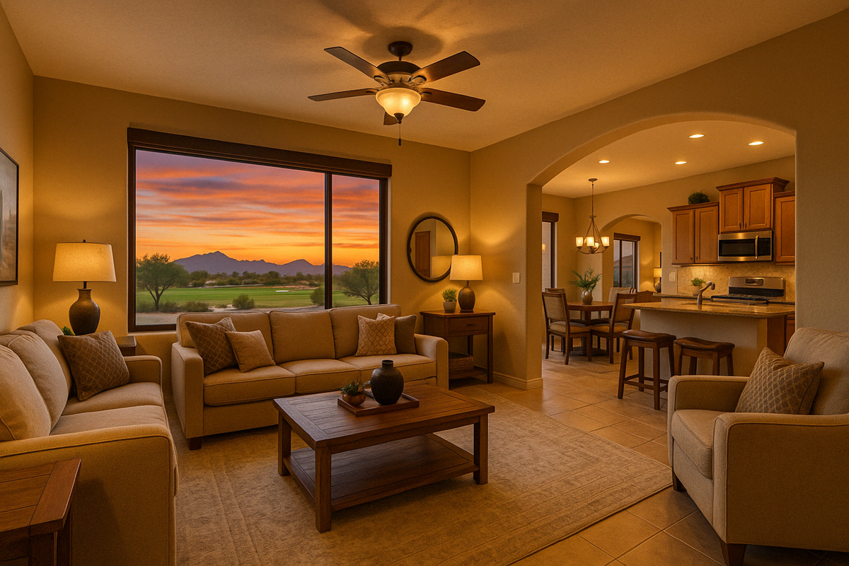Warm-toned living room with large window showing golf course and mountain sunset view.