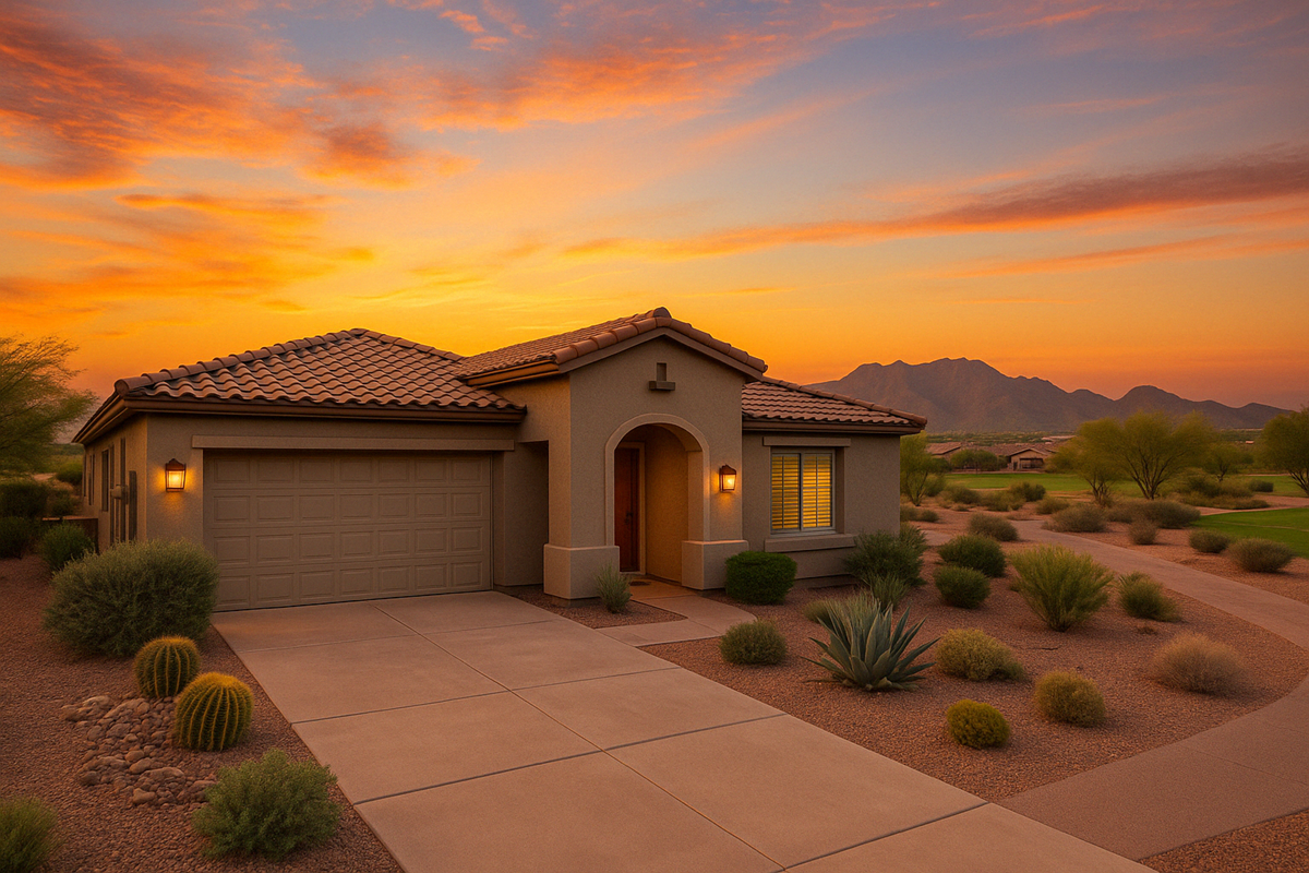 Single-story patio home with tile roof and desert landscaping at sunset, mountains in the background.