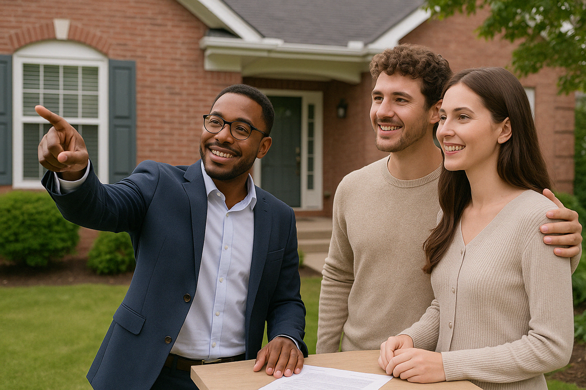 A cheerful Realtor points out features of a home to a smiling young couple in the front yard.