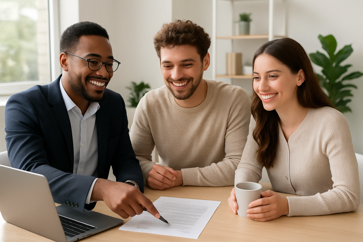 A friendly Realtor discusses homebuying plans with a young couple at a table with paperwork.
