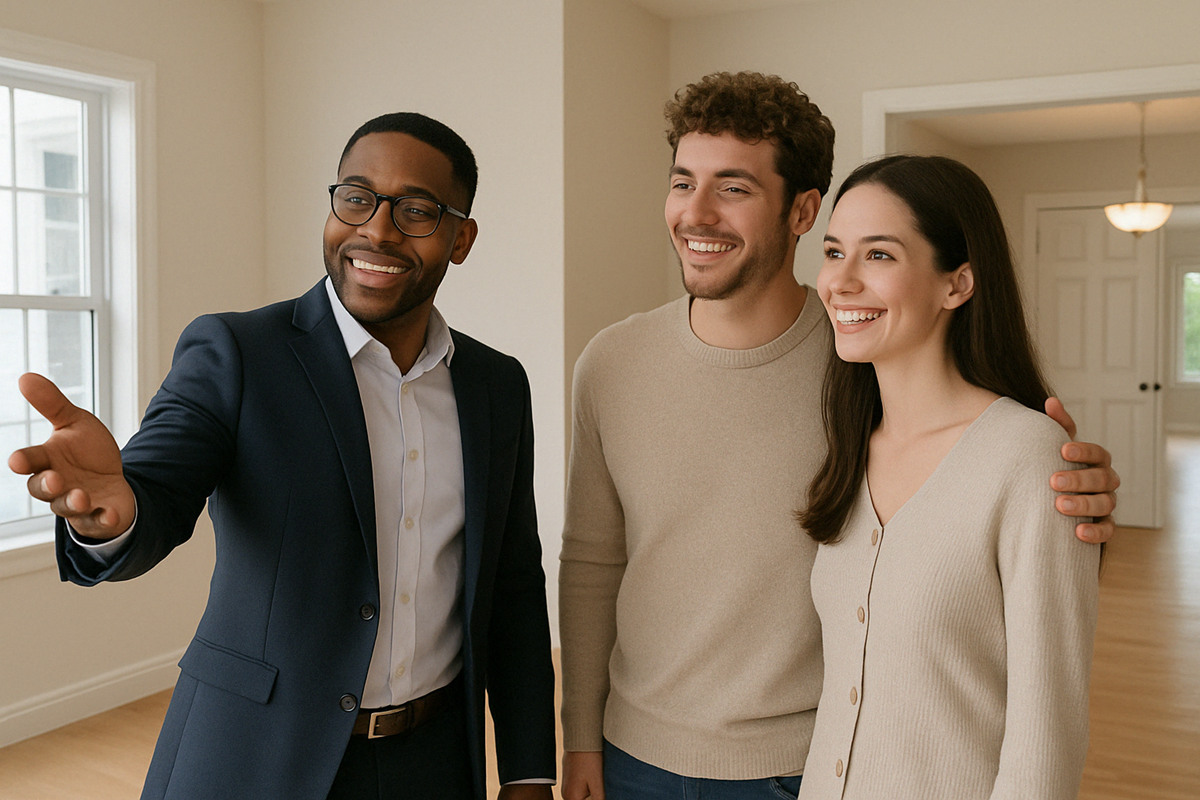 A smiling Realtor gestures inside a bright, empty home as a young couple looks on.