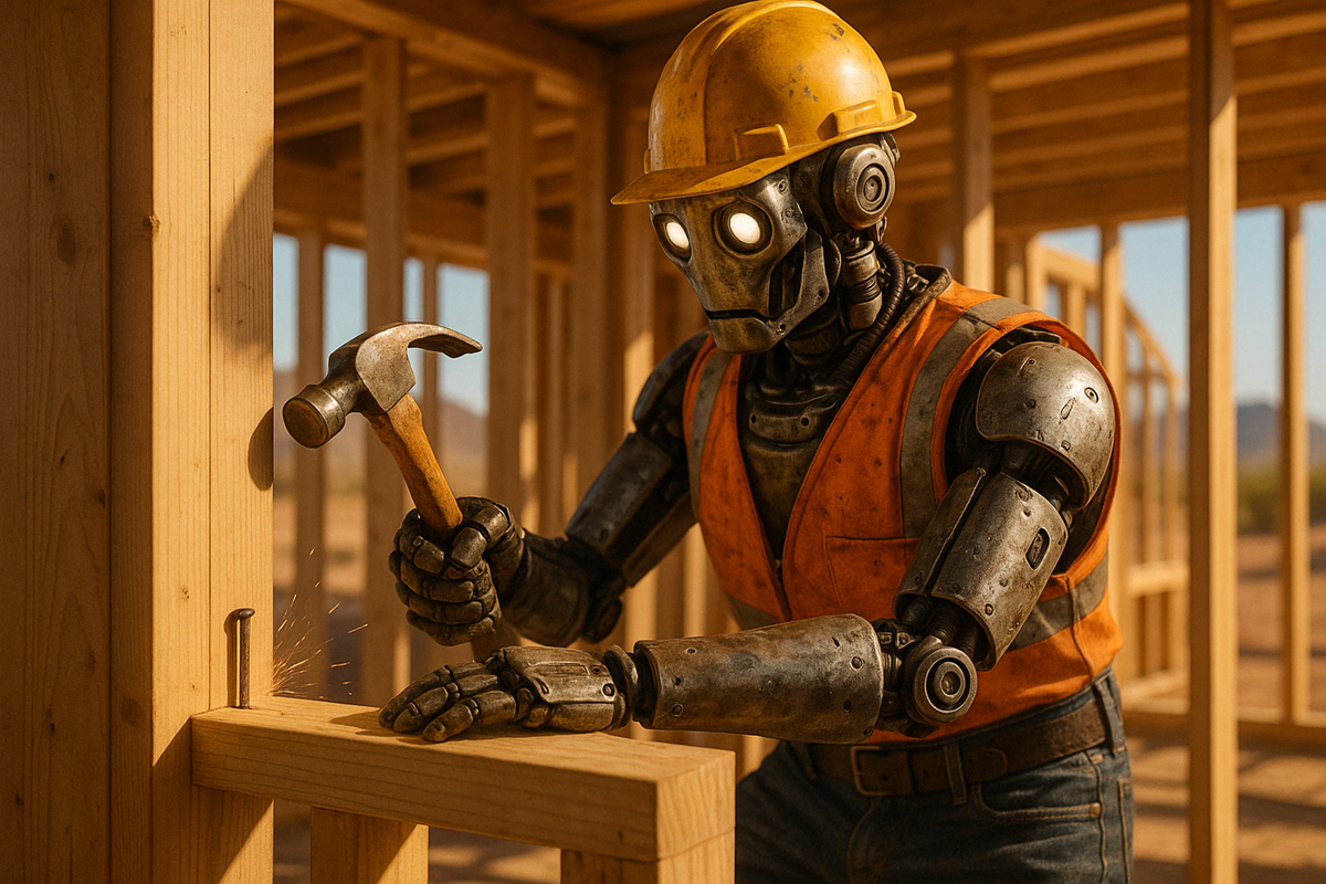 Close-up of a construction robot hammering a nail into a wooden frame inside a partially built home in Greater Phoenix.
