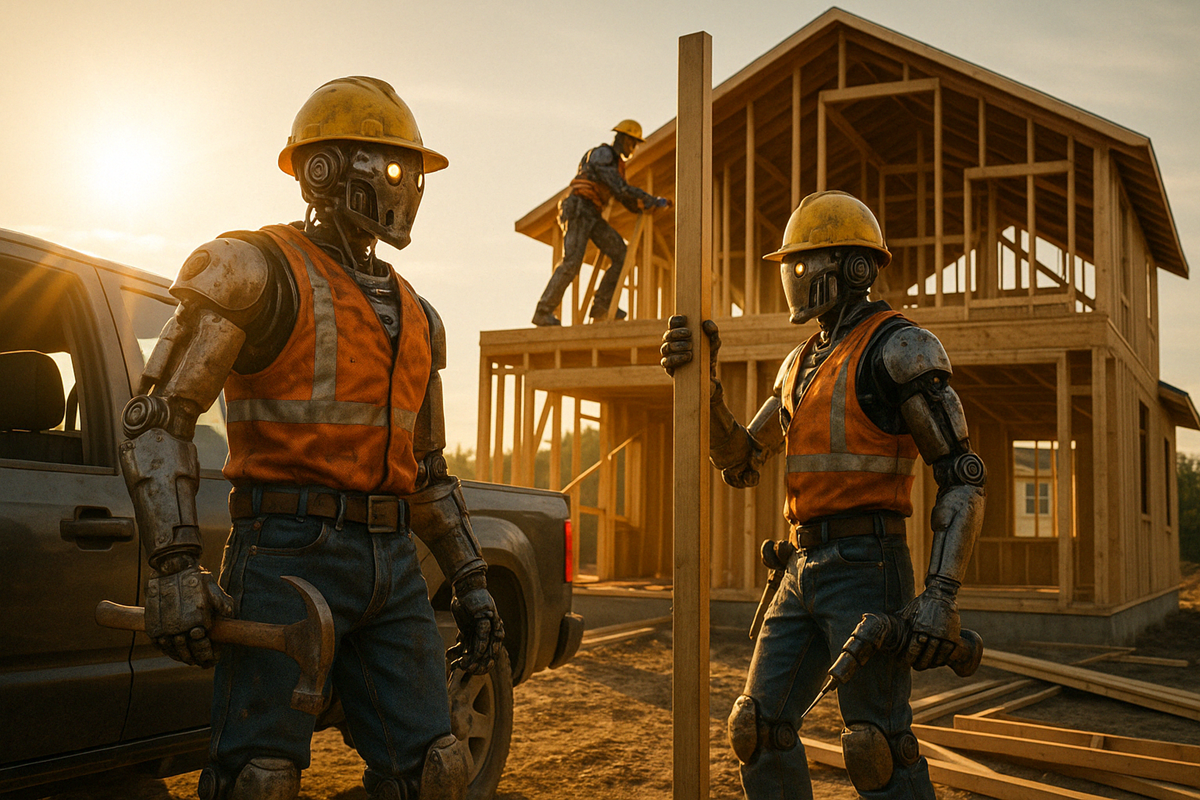 Two robots in hard hats and jeans building a luxury home at sunset, with one stepping out of a truck.