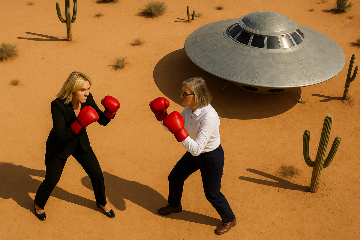 Overhead view of Lisa Borowsky and Katie Hobbs boxing near a spaceship in the Arizona desert.
