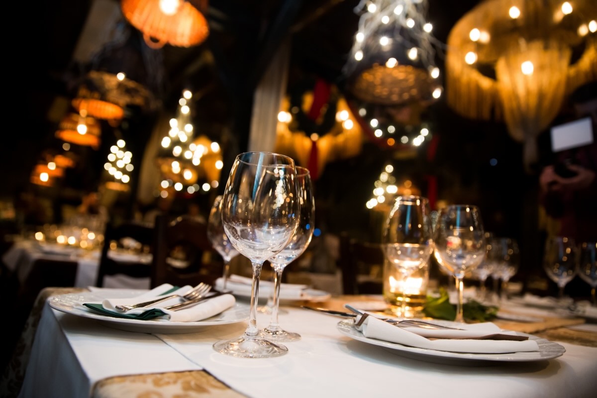 Served dinner table with wine glasses
