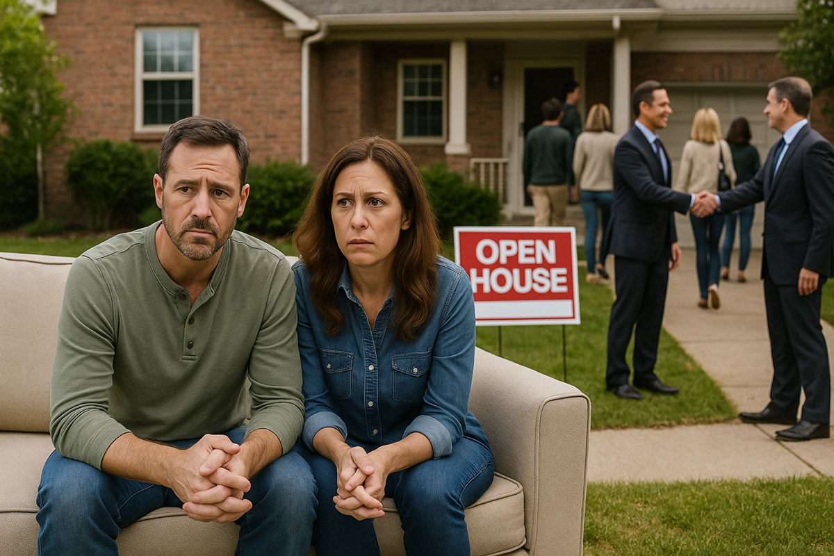 Nervous couple sits outside their home during an open house as a real estate agent greets strangers.