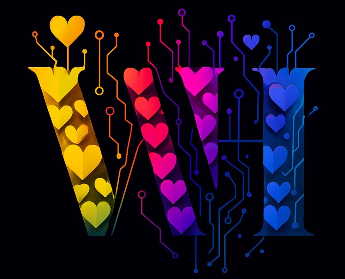Colorful “WH” logo made of hearts and circuit lines on a dark background.