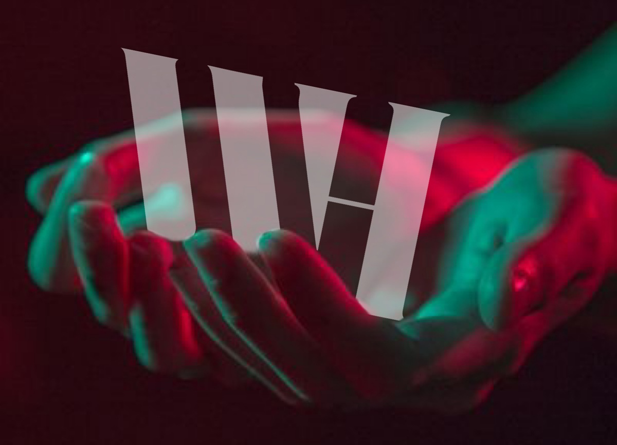 A neon-lit hand with a logo in it's palm.