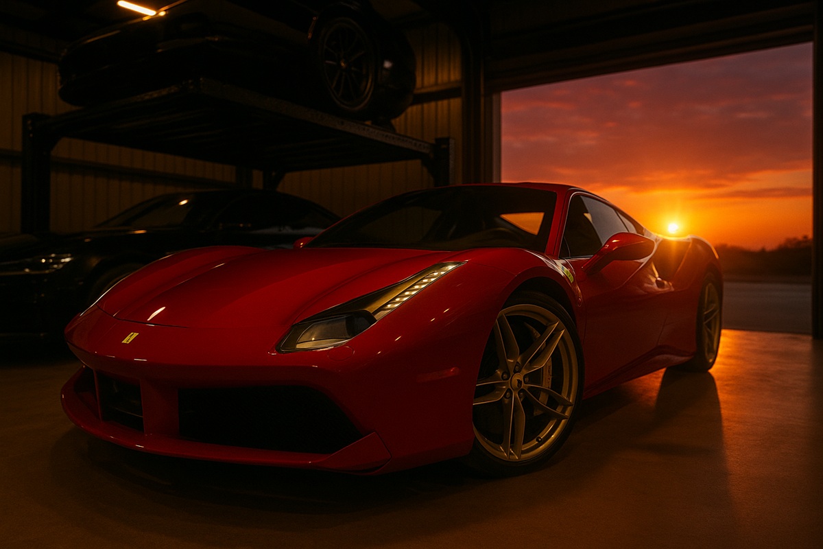 A red Ferrari parked inside a luxury garage at sunset, with golden light streaming through the open door and reflections on the floor.