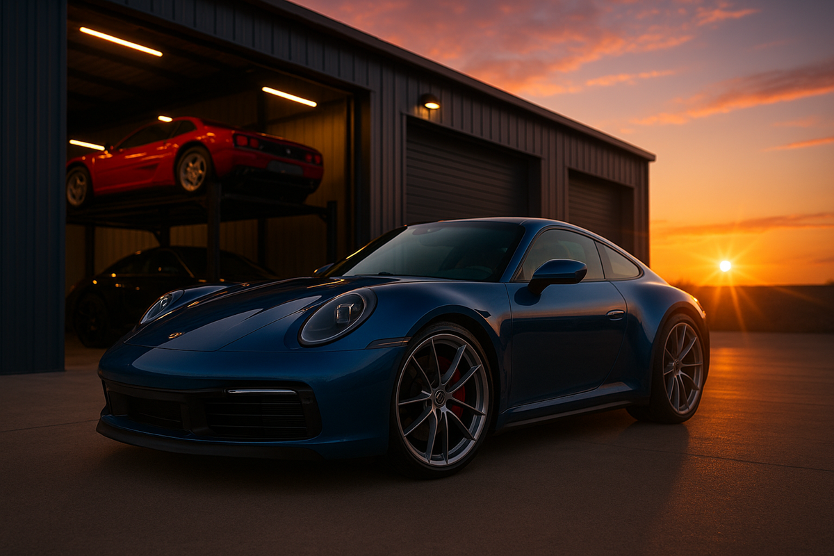 A blue Porsche parked outside a modern car storage facility at sunset, with warm desert light and other cars visible inside the open garage.