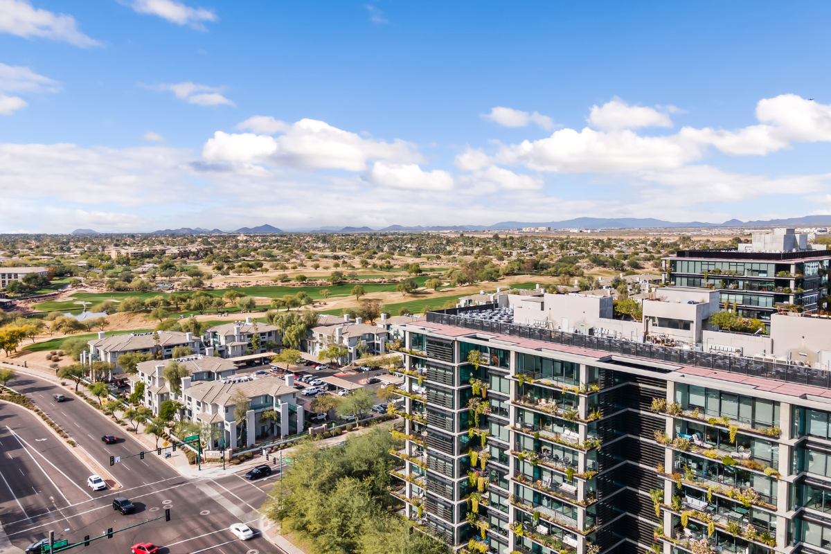 Drone shot of Optima Kierland and Westin Golf Club.