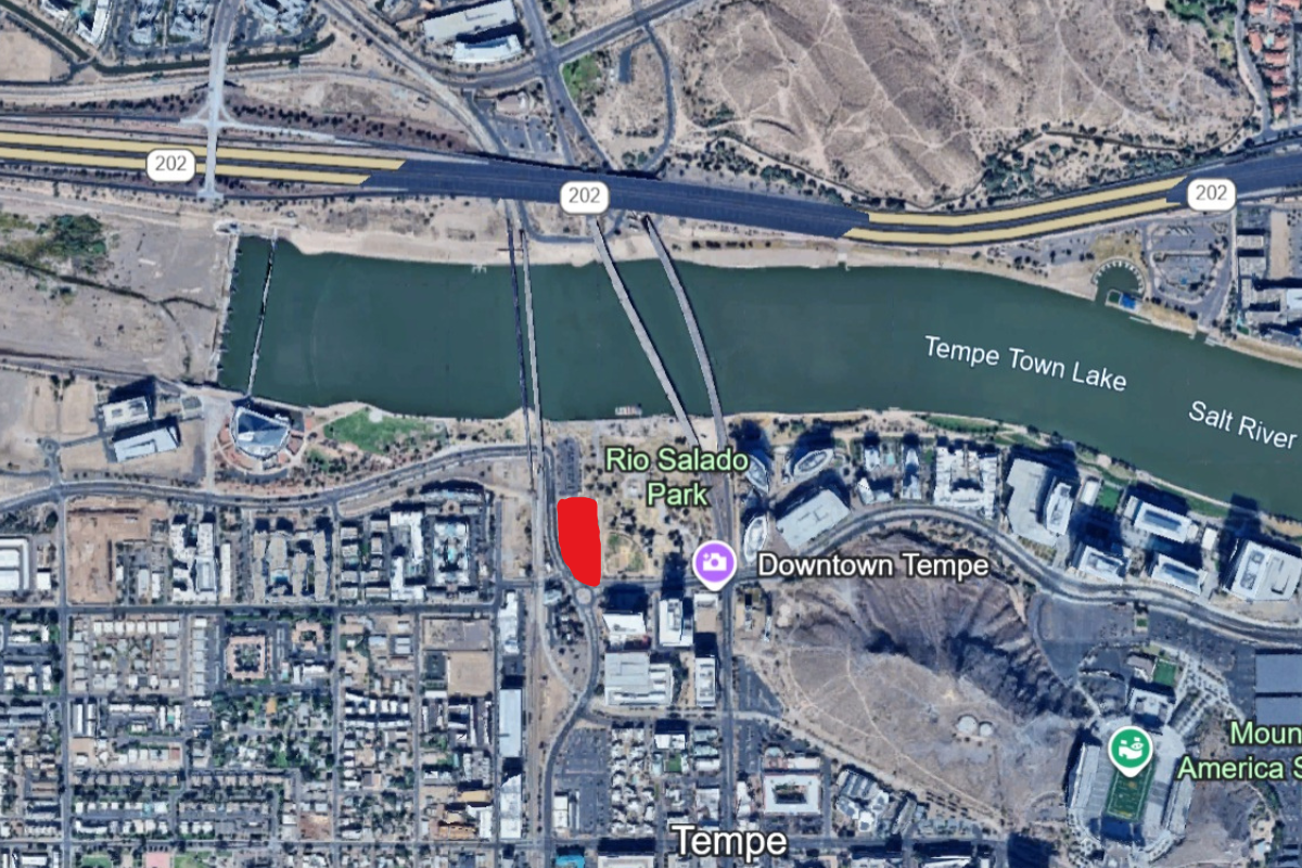 Top down view of a possible future condo project at Tempe Town Lake.