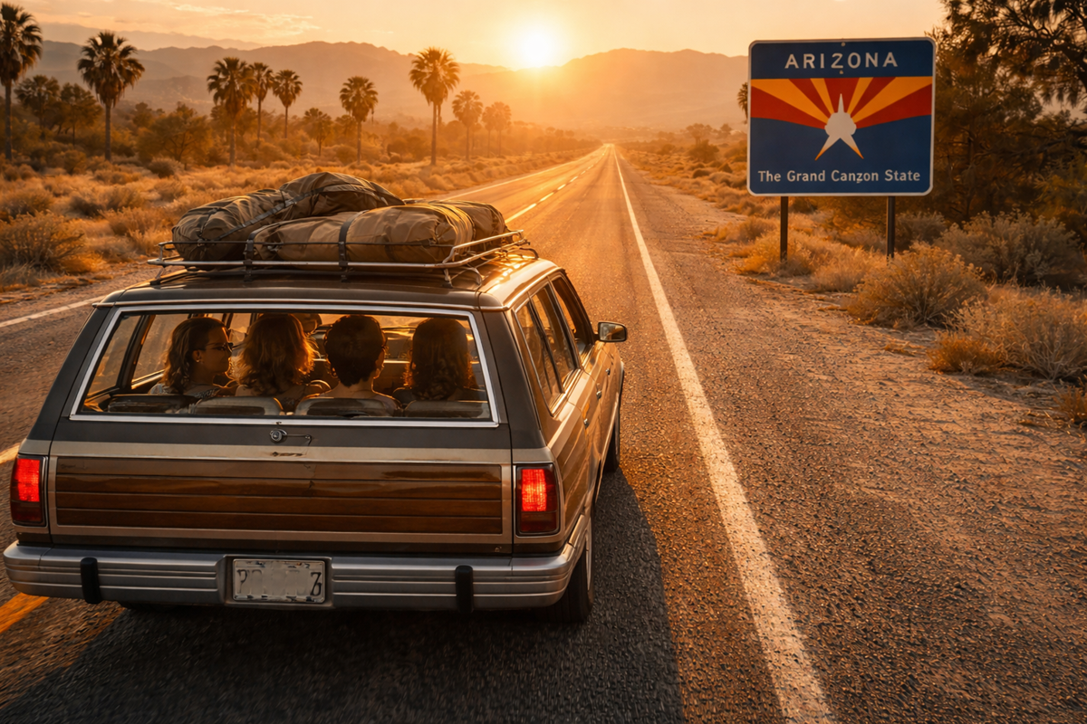 A station wagon drives down a desert highway at sunset as an Arizona welcome sign appears on the roadside.