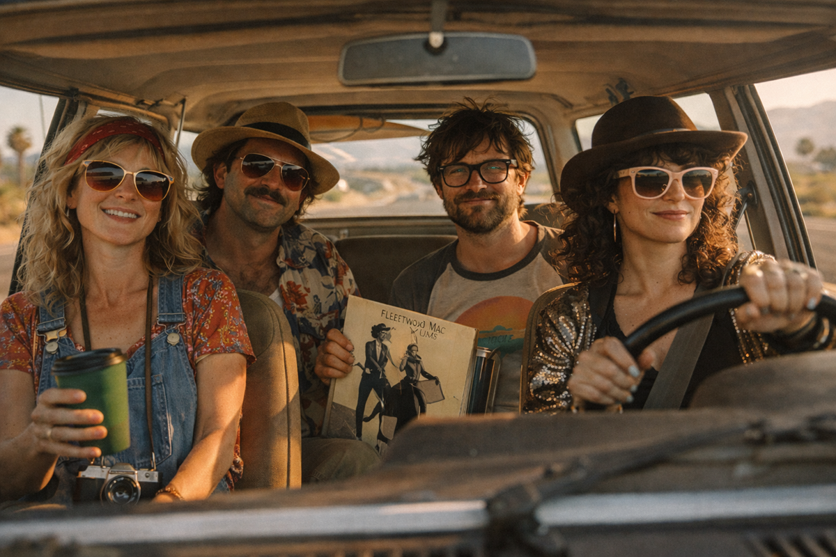 Four friends ride together in a car, wearing hats and sunglasses, smiling as they travel down a sunny road.