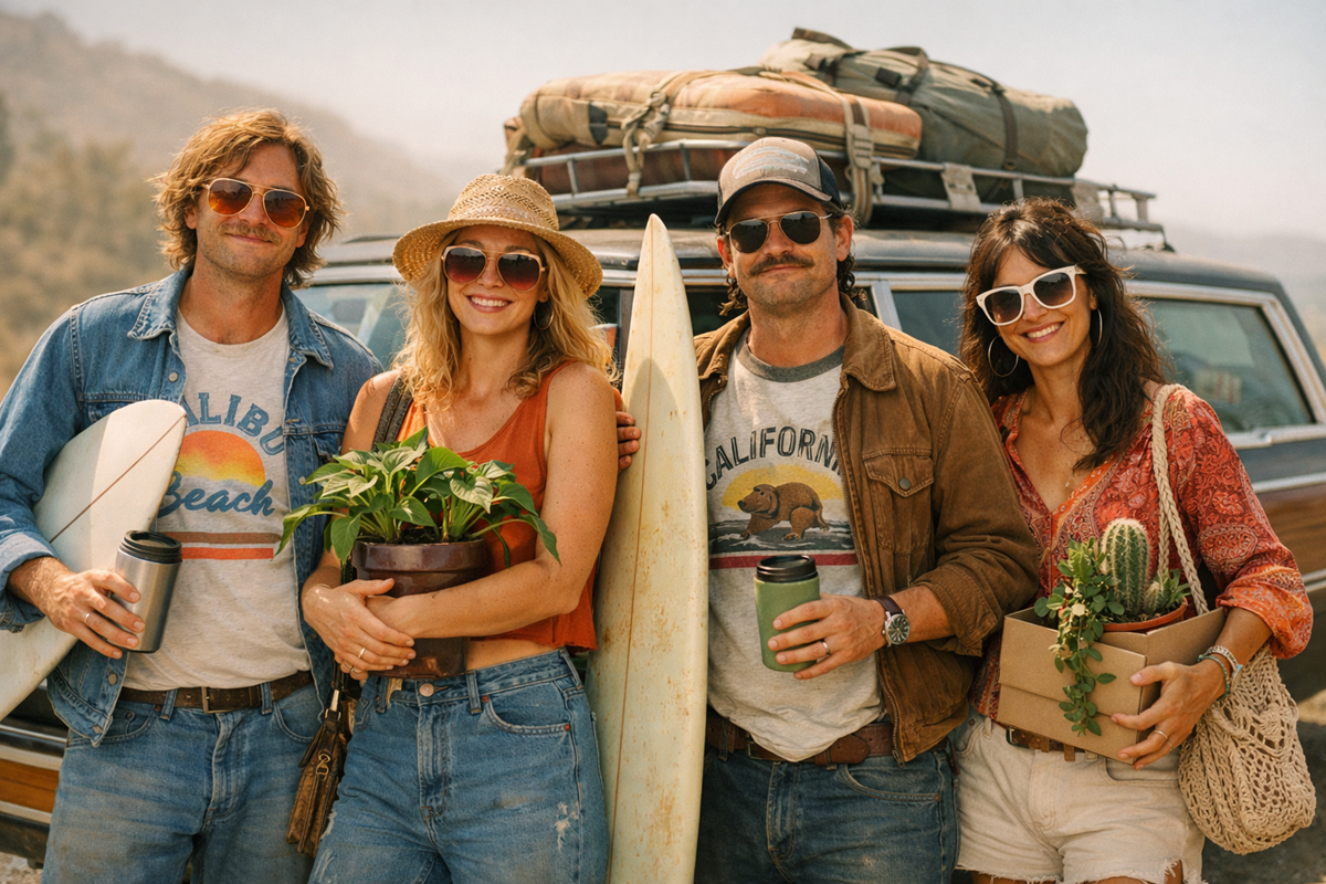 Four casually dressed friends stand beside a vintage car, holding plants and a surfboard, smiling in bright sunlight.