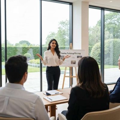 Woman giving speech on luxury home pricing.