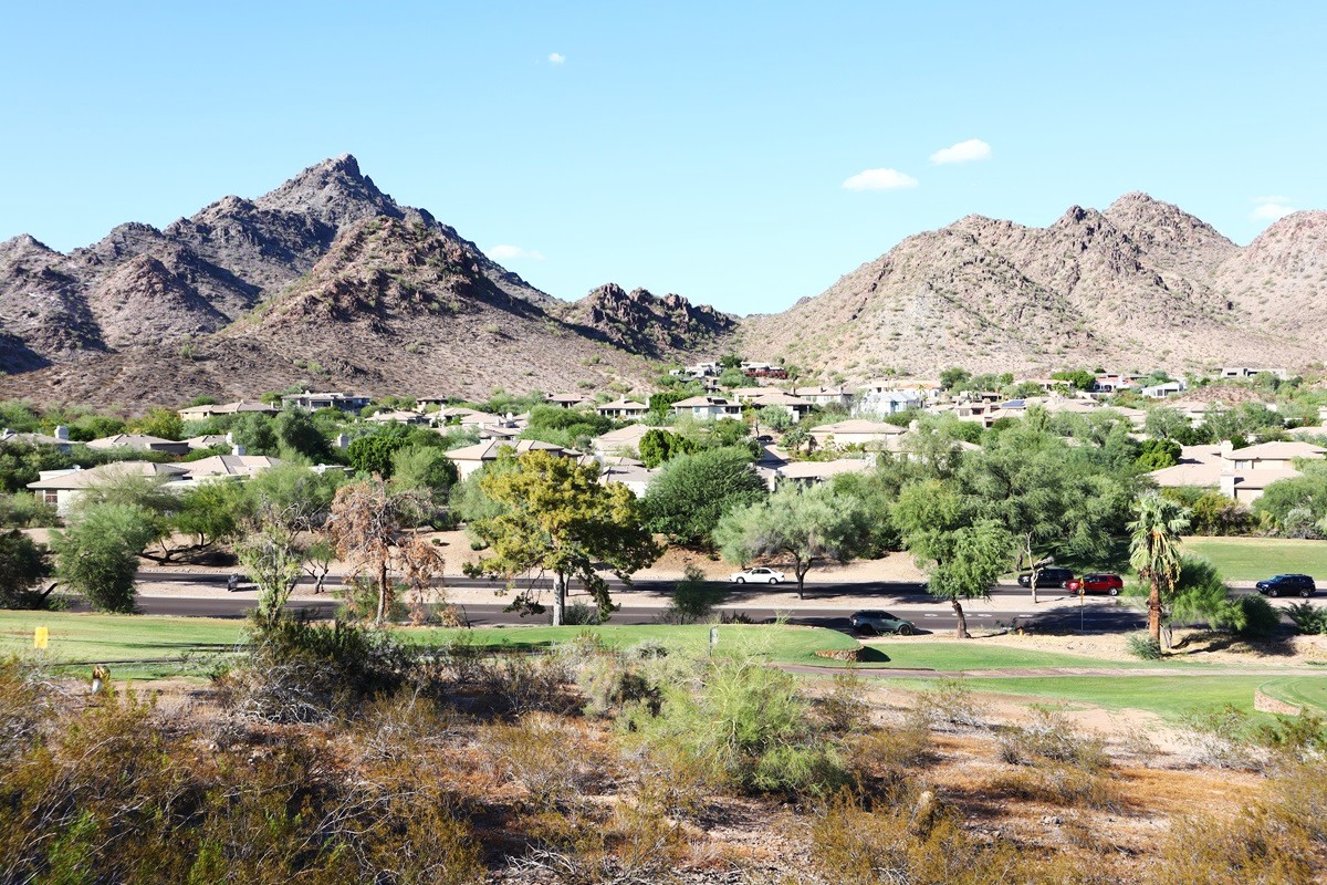 Desert neighborhood with rocky mountains, green trees, and homes along a road under a clear blue sky.